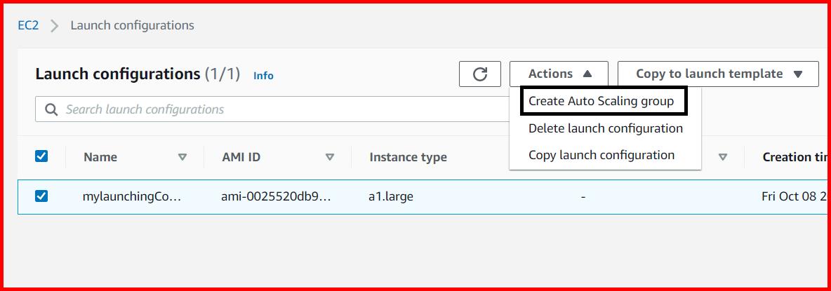 Picture showing the Create Auto Scaling group menu option